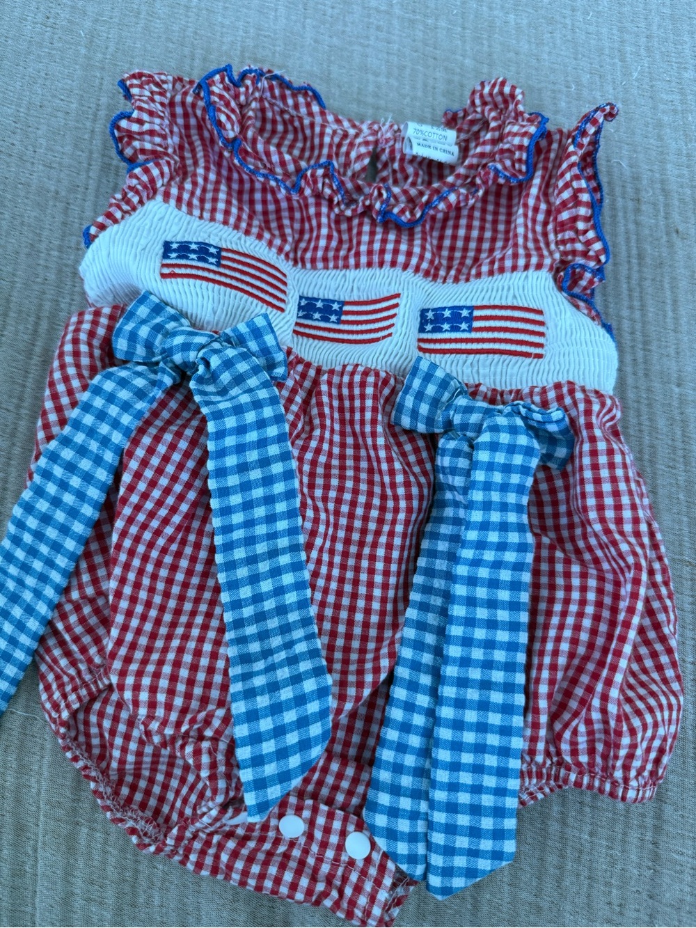 Smocked Red Gingham Baby Romper with Blue Bows